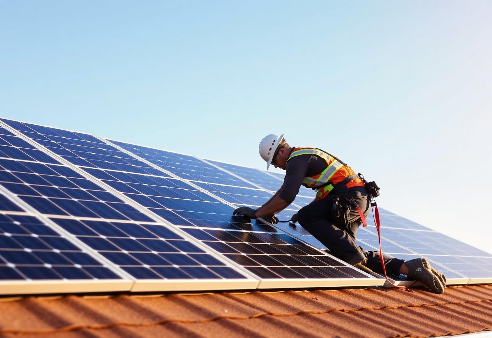 Instalador da RK Energia Solar montando placas solares em um telhado